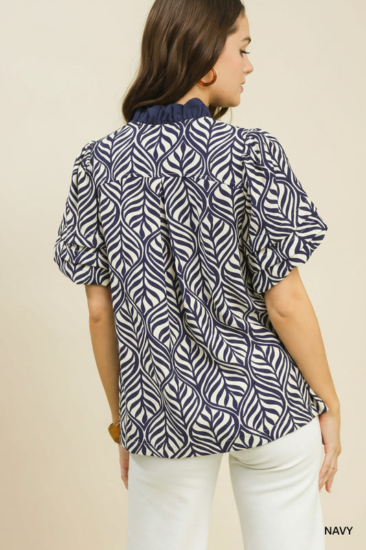 Miller Printed Puff Sleeve Ruffle Neck Top