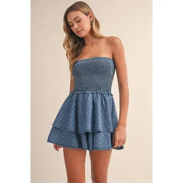 Agenda Denim Polkadot Smocked Top Ruffles Romper