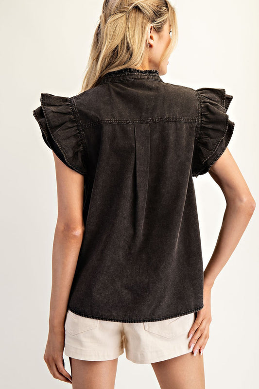 Wilma Washed Ruffle Trim Flutter Sleeve Blouse