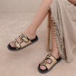 The Daytona | Black Two-Tone Raffia Gold Buckle Sandal