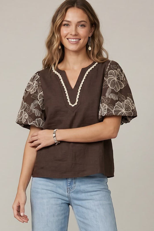 Jace Embroidered Puff Sleeve Woven Top Embroidered Puff Sleeve Woven Top