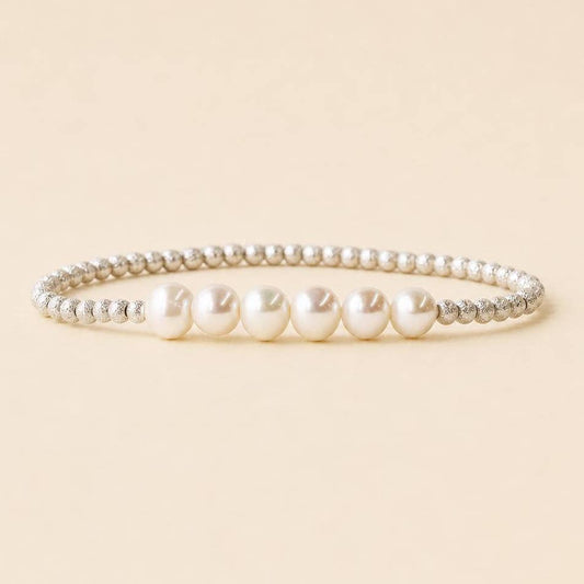Silver Plated Row Pearl Beaded Stretch Bracelet
