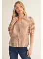Penny Short Sleeve Button Down Stripe Top with Neck Collar