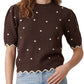 You Short Puff Sleeve Scallop Band Polkadot Sweater Top