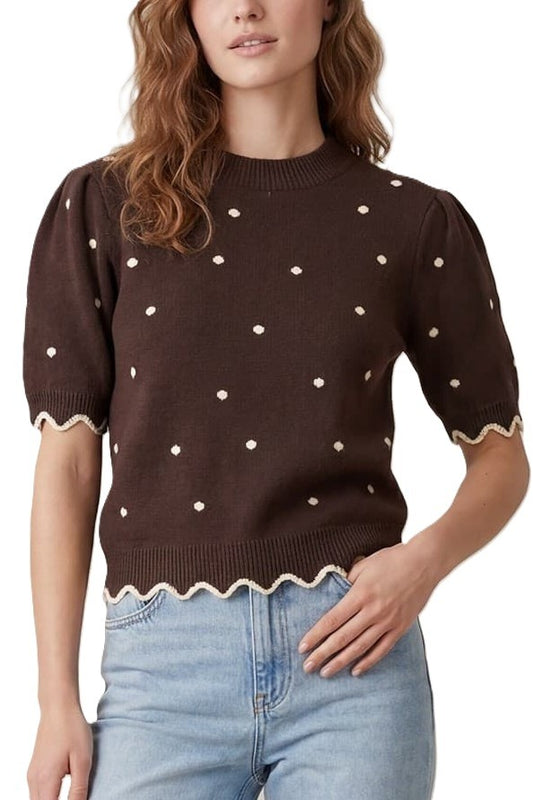 You Short Puff Sleeve Scallop Band Polkadot Sweater Top