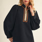 Evanston Color Contrast Trim Accent Front Zip Up Casual Top