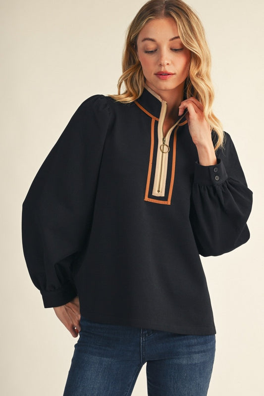 Evanston Color Contrast Trim Accent Front Zip Up Casual Top