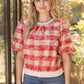 Eternal Solid Ribbed Band Bubble Sleeve Plaid  Top