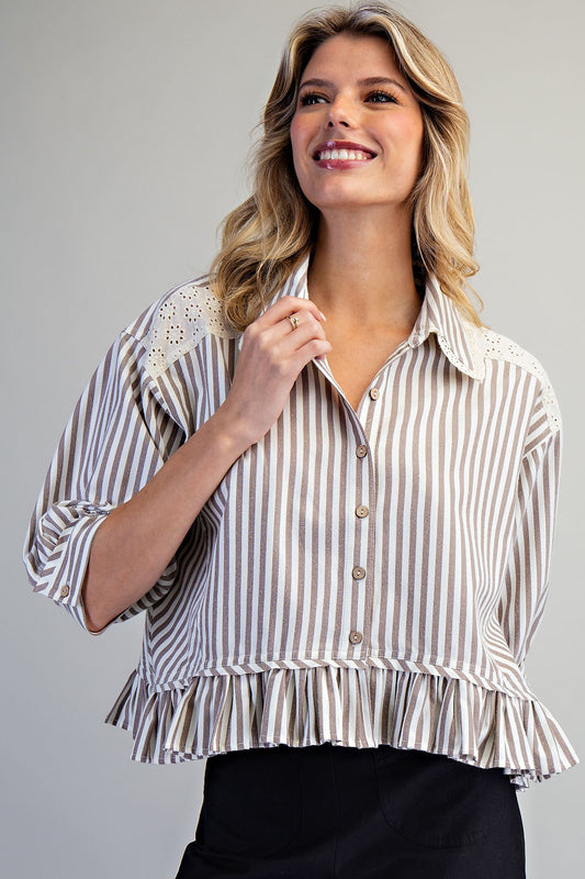 Morgantown Striped Lace Trim Button Down Top