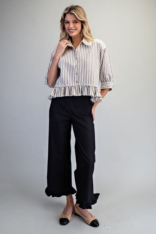 Morgantown Striped Lace Trim Button Down Top