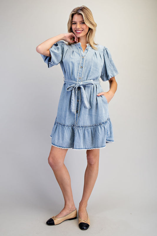 Margo Denim Lace Trimmed Mini Dress