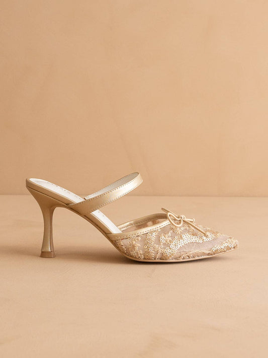 The Katie | Gold Lace Pointed Toe Mid Heel Fall Mule