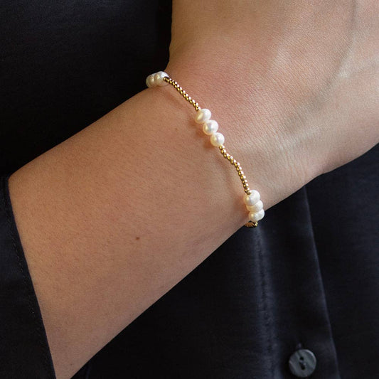 Tarnish Resistant Gold Plated Trio Pearl Stretch Bracelet