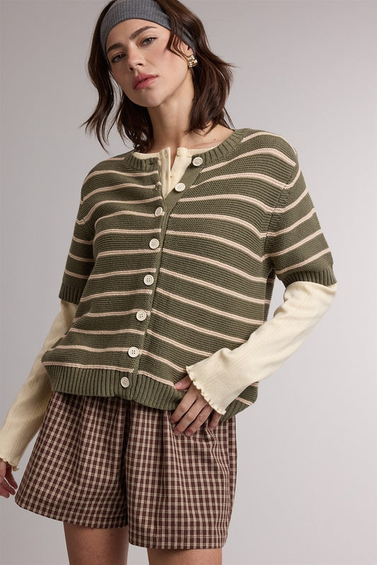 Carpenter Stripe Short Sleeve Sweater Cardigan