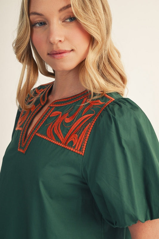 Tower Puff Sleeves Embroidered Woven Top