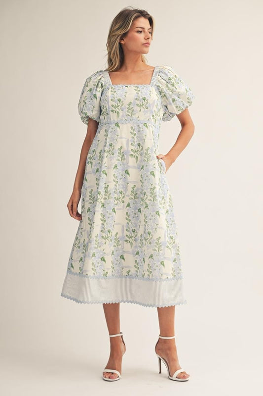Elaine Puff Sleeves Floral Print Lovely Midi Dress