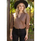 Celebration 3/4th Sleeve Button Down Solid Faux Leather Top
