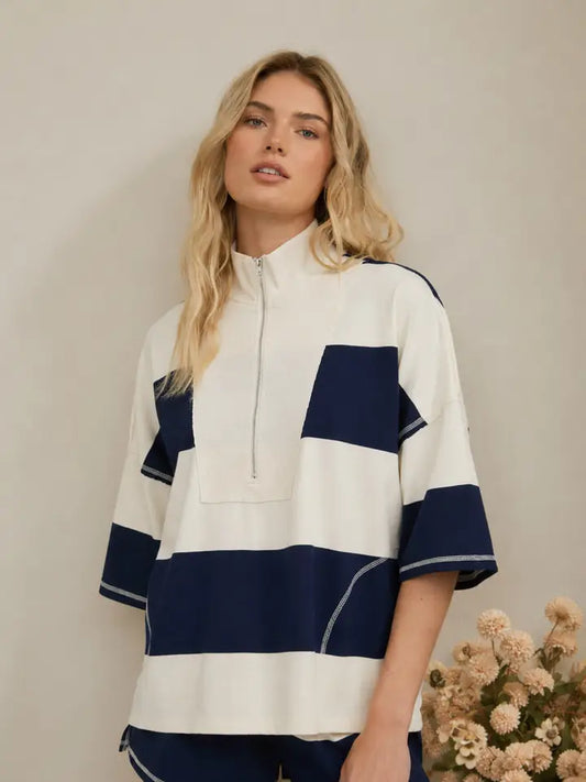 Alley Wide Stripe Boxy 1/4 Zip Top