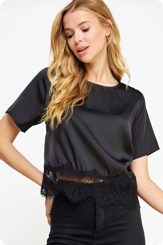 Hopins Lace Trim Short Sleeve Satin Tee Top