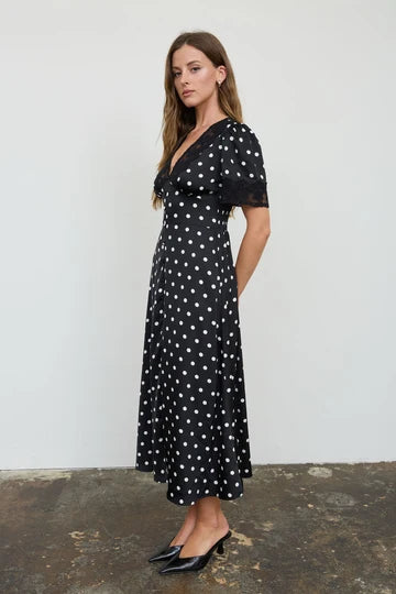 Formation Polka Dot Lace Trim V Neck Button Down Midi Dress