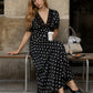 Formation Polka Dot Lace Trim V Neck Button Down Midi Dress