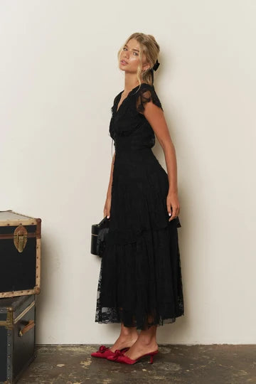 Screen Lace Tiered V Neck Ribbon Tie Midi Dress