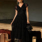 Screen Lace Tiered V Neck Ribbon Tie Midi Dress