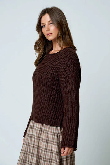 Athens Roll Up Raw Edge Trim Detail Knit Pullover Sweater