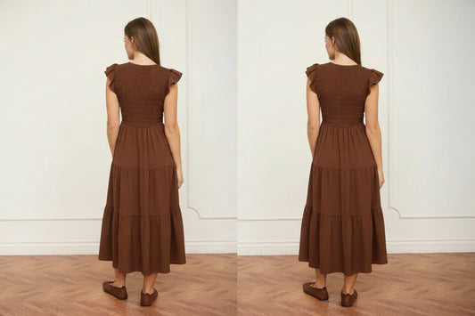 Columbus Flutter Sleeve V Neck Smocked Midi Dress