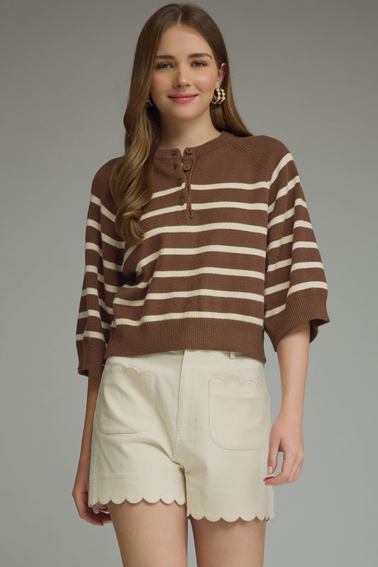 Roslyn Quarter Button Striped Short Sleeve Sweater