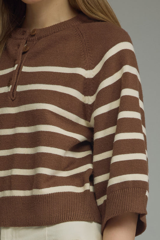 Roslyn Quarter Button Striped Short Sleeve Sweater
