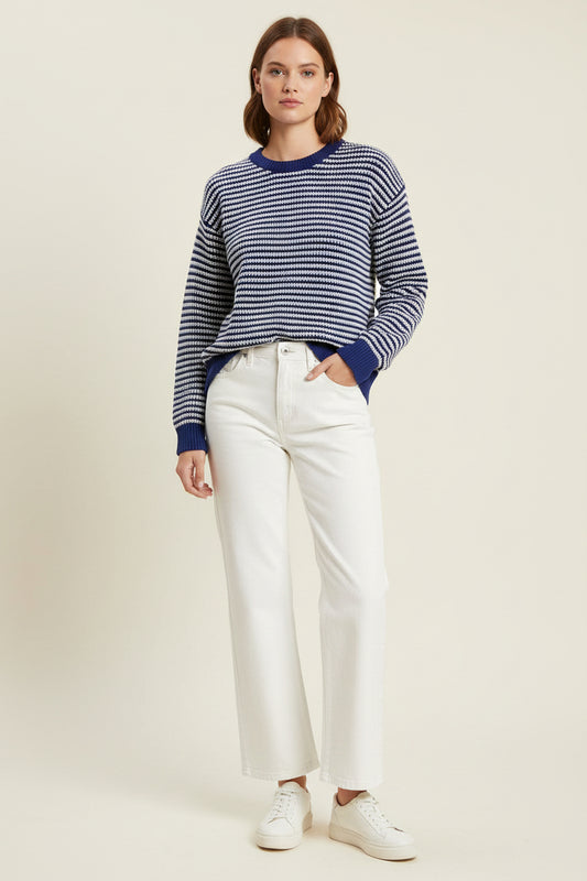 Legal Color Trimmed Long Sleeve Waffle Striped Sweater