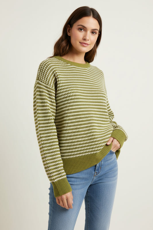 Legal Color Trimmed Long Sleeve Waffle Striped Sweater