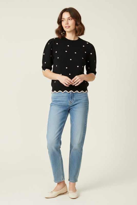 Tension Short Puff Sleeve Scallop Band Polkadot Sweater Top