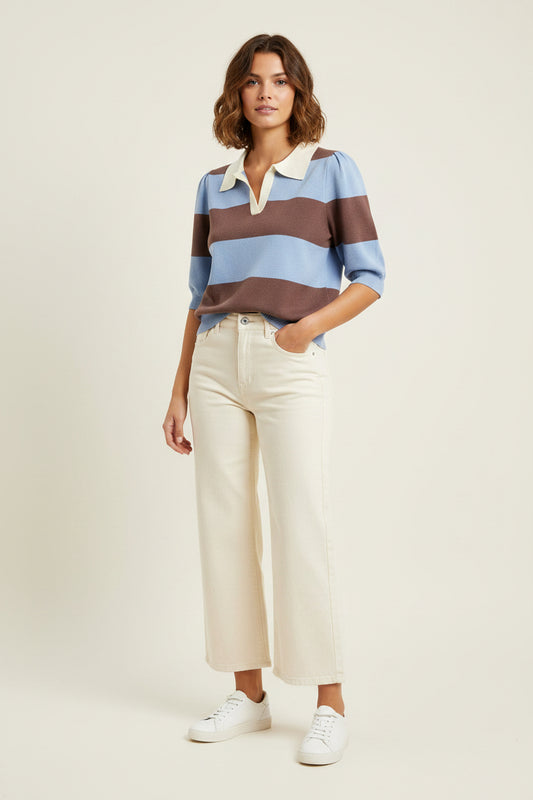 Polo Neck Half Sleeve Collar Stripped Sweater Top