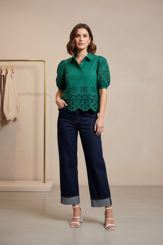Dow Solid Short Puff Sleeve Eyelet Detail Top