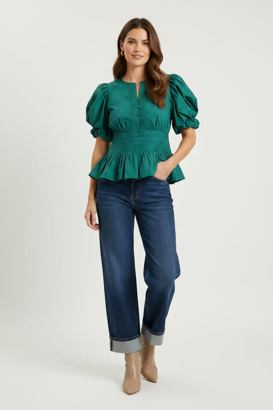 Jones Solid Short Puff Sleeve Pleated Waist Detail