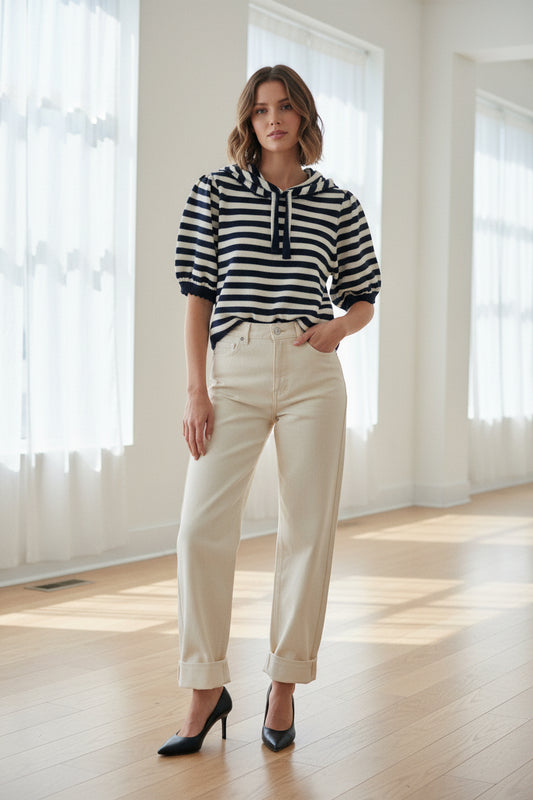 Polished Stripe Sweater with Tie Front