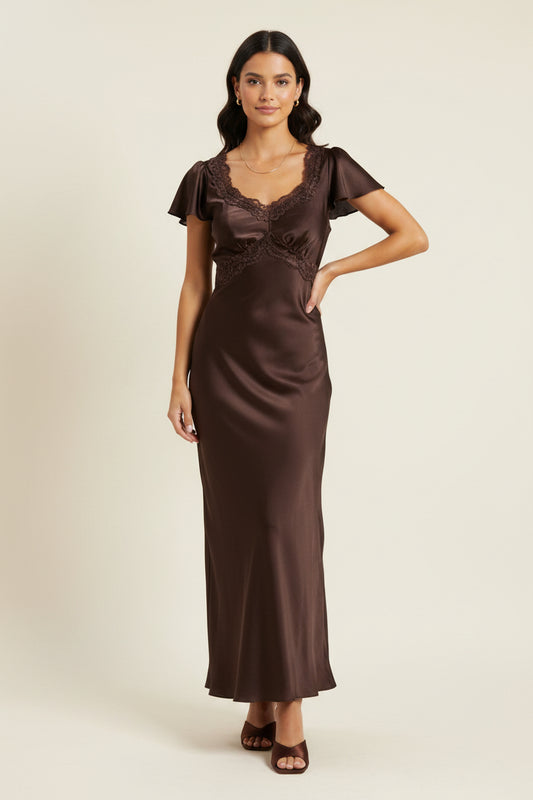 Satin Lace Trim Puff Sleeve Midi Dress