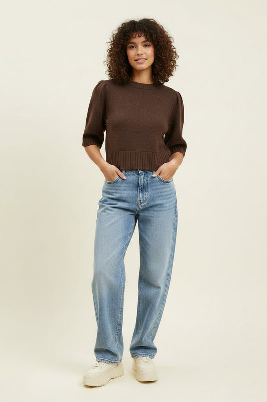 Cruise Puff Shoulder Short Sleeve Cropped Sweater
