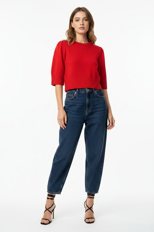 Cruise Puff Shoulder Short Sleeve Cropped Sweater