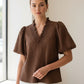Vaughn Solid Ruffled V Neck Bubble Sleeve Top