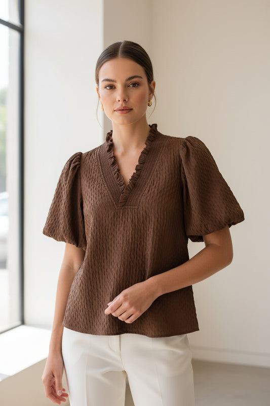 Vaughn Solid Ruffled V Neck Bubble Sleeve Top