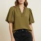 Vaughn Solid Ruffled V Neck Bubble Sleeve Top