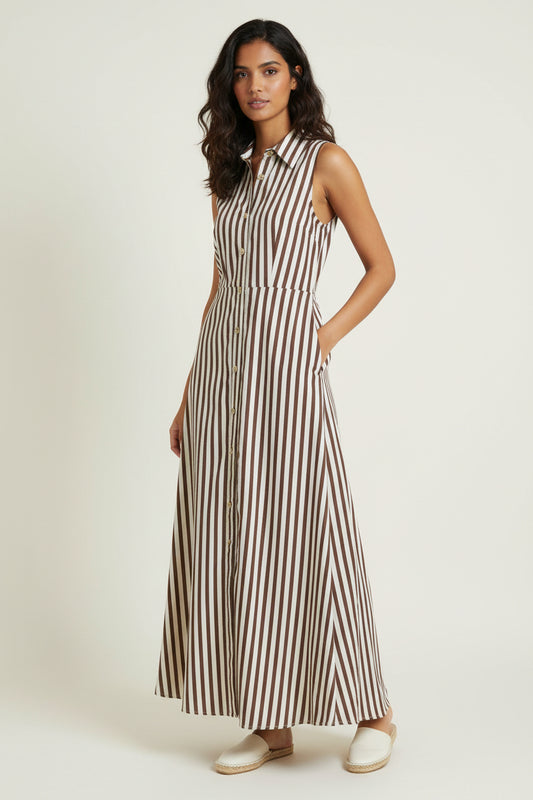 Willow Striped Sleevless Dress Gold Button Down Detail and Tie Back