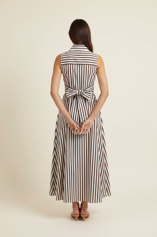 Willow Striped Sleevless Dress Gold Button Down Detail and Tie Back