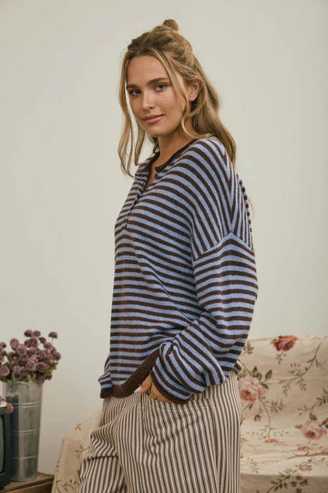 Atlanta Button Henley Stripe Long Sleeve Drop Shoulder Sweater