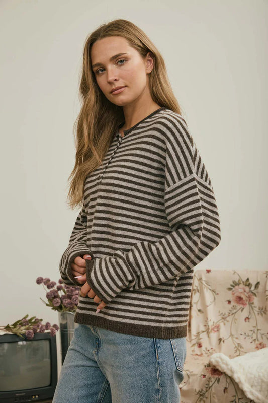 Atlanta Button Henley Stripe Long Sleeve Drop Shoulder Sweater