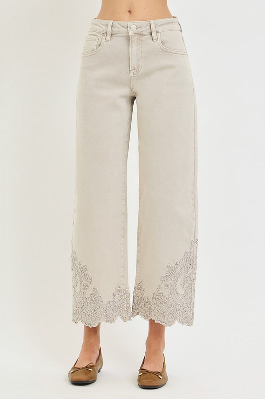 Bishop High Rise Crop Barrel Embroidered Hem Detail Jeans by Risen