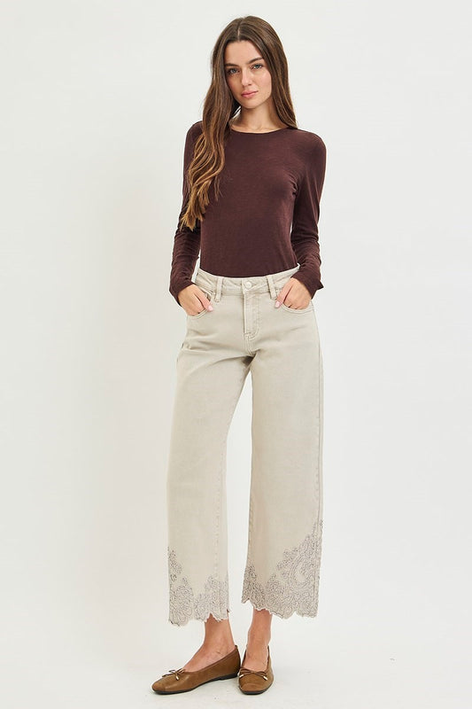 Bishop High Rise Crop Barrel Embroidered Hem Detail Jeans by Risen